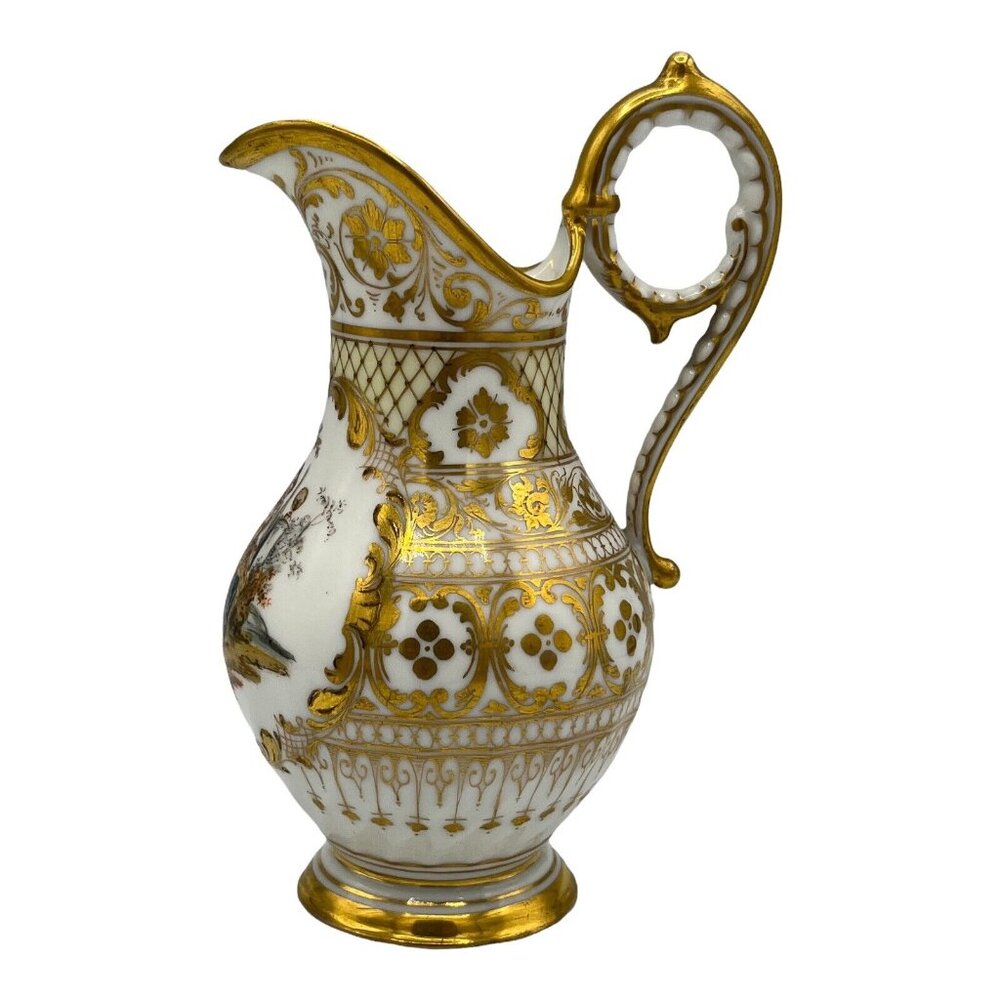 Antique Dresden Ohme Germany Creamer & Sugar Hand Painted Watteau Scenes Gold - Picture 5 of 16